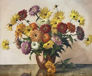 Bouquet de zinnias : huile sur toile, 72 X 59 cm (Collection famille Cesbron)