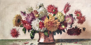 Bouquet de dahlias : huile sur toile, 50X10 cm (Collection privée)