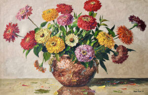 Bouquet de zinnias : huile sur toile, 70X90 cm (Collection privée)