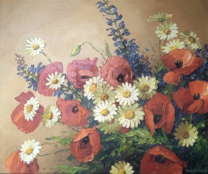 Bouquet de coquelicots et marguerites : huile sur toile, 36X48 cm (Collection privée)