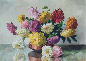 Bouquet de dahlias : huile sur contreplaqué (Collection privée) Yvan Gallé
